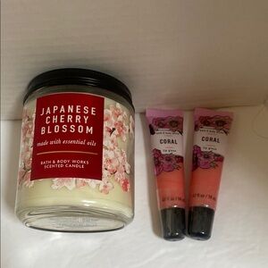 New Bath & Body Works Cherry Blossom candle and 2x full size Coral lip gloss